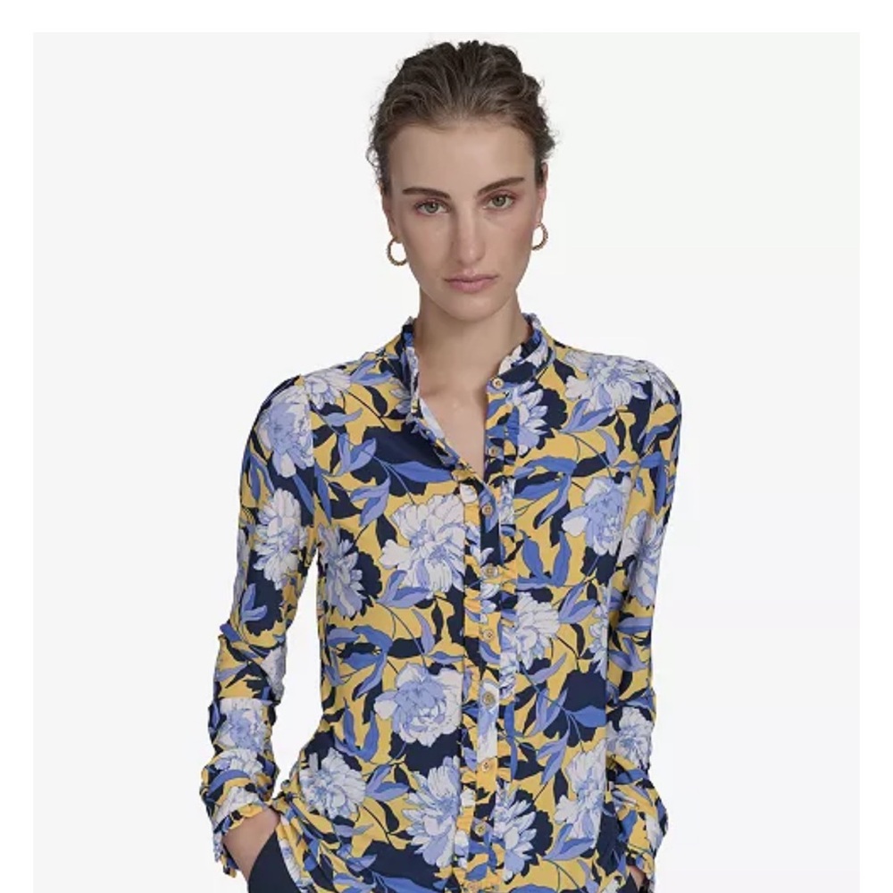 Women's Floral-Print Ruffled-Placket Button-Down Top NWT